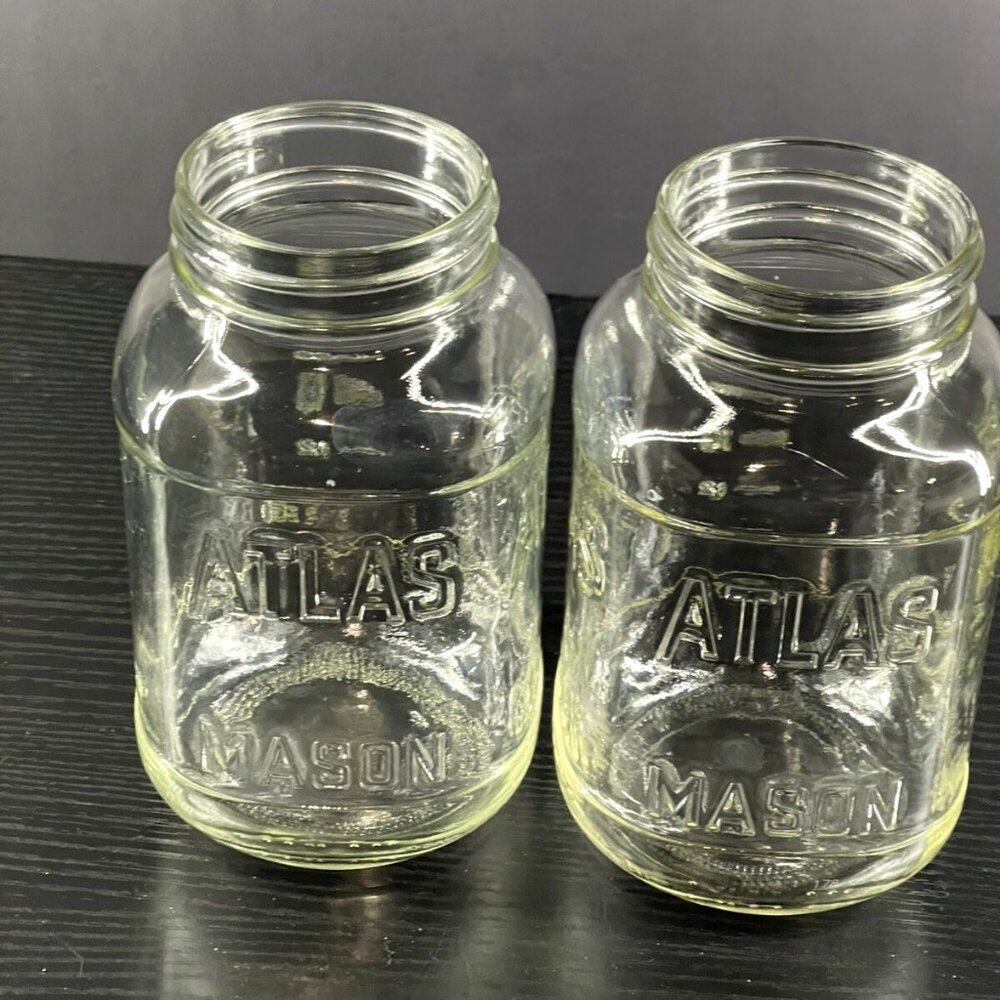 Vintage Atlas Mason Clear Glass Jars With Embossed Measurements & Branding - Set